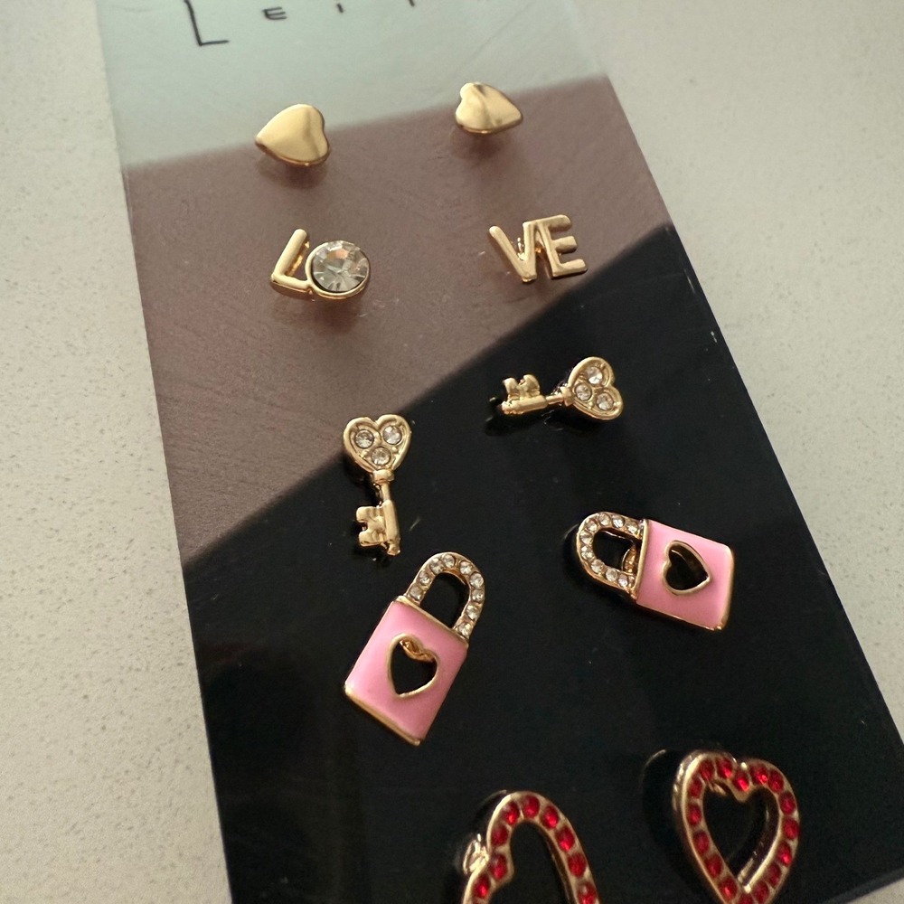 Leith Gold Heart Stud 5Pair Earring Set Love Lock Key Pink Red Valentine Jewelry - Picture 5 of 7